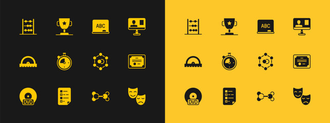 Set Online class, Clipboard with checklist, Molecule, Stopwatch, Chalkboard, Abacus and Award cup icon. Vector