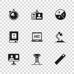 Set Law pillar, Table lamp, Ruler, Laptop, Pie chart infographic, Stopwatch, Identification badge and Book with mathematics icon. Vector