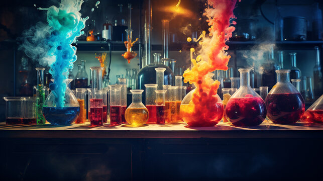 A chemistry lab with bubbling beakers and colorful liquids.  