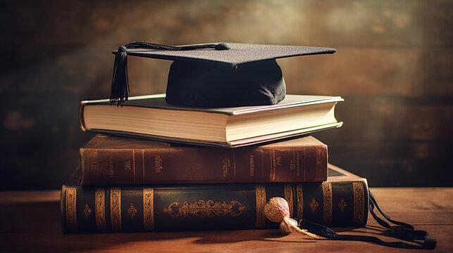 A graduation cap resting on top of a pile of textbooks, signifying academic achievement.  