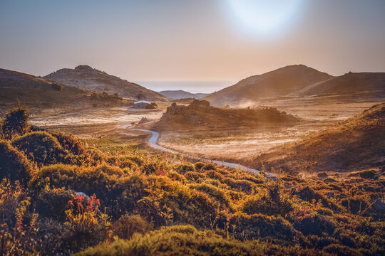 Romantic sunset view to Aegean Sea Lemnos or Limnos Island Greece, summer travel destination, wallpaper design