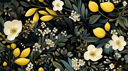  a floral pattern with yellow and white flowers on a black background.  generative ai