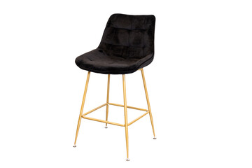 Black bar stool with golden legs on a white background.