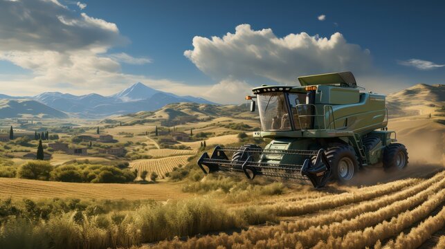 Combine harvester working on a wheat field. 3D rendering