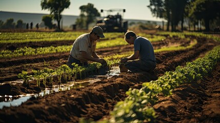 Farmer and agronomist at work in the field of vegetables