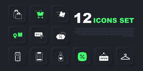 Set Hanging sign with text Open, Hanger wardrobe, Buy button, Discount percent tag, Location cardboard box, Clipboard checklist, Add Shopping cart and Heart icon. Vector