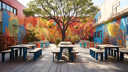 A school courtyard transformed into an outdoor classroom for a vibrant history lesson.  