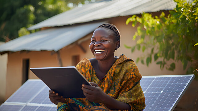 Woman Sitting On A Bench Outside Her House With Solar Panels. Fictional Person. Renewable Energy. Generated AI. Fictional Person