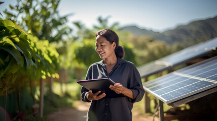 Obraz premium Woman is in the garden in front of solar panels. Fictional person. Renewable energy. Generated AI. Fictional person
