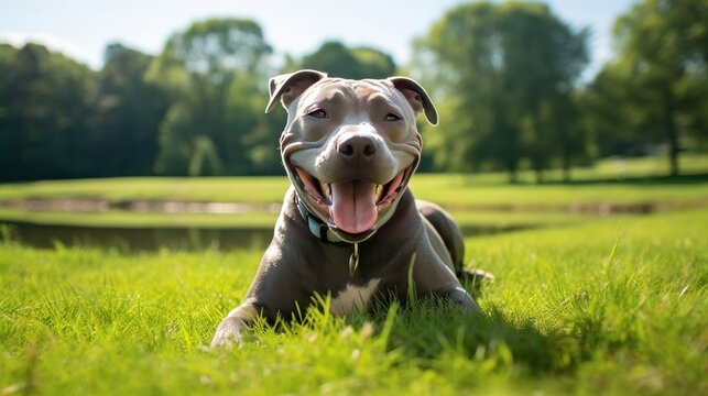 Studio portrait of smiling blue gray rescue pit bull type dog sitting with tongue out against a green background