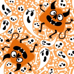 Obraz premium Halloween monsters seamless pumpkins and ghost and bones pattern for wrapping paper and fabrics and linens