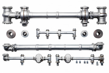 Closeup Real metal pipes with valves and rust , set of connectors and rivets, isolated on white background - GENERATIVE AI