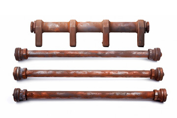 Closeup Real metal pipes with valves and rust , set of connectors and rivets, isolated on white background - GENERATIVE AI