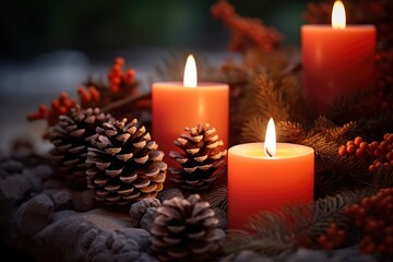 Obraz na płótnie Canvas Candles lit amongst pinecones and autumn decor - Evening Glow - AI Generated