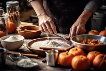 Fototapeta na wymiar Baking with ingredients like pumpkin, cinnamon, and apple displayed - Fall Flavors - AI Generated