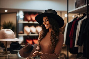 Woman trying on a hat in a boutique, friend giving her opinion - Shopping and fashion - AI Generated