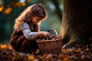 Young girl collecting chestnuts in a wicker basket - Autumn Treasures - AI Generated - obrazy, fototapety, plakaty