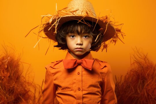 Studio shot of a child dressed as a scarecrow against a deep orange background - Harvest's Guardian - AI Generated