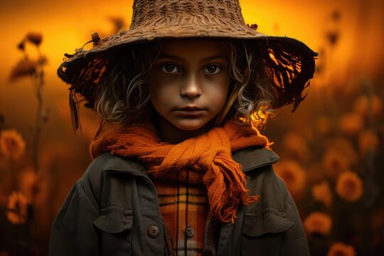 Studio shot of a child dressed as a scarecrow against a deep orange background - Harvest's Guardian - AI Generated