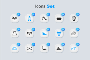Set Slide playground, Jumping trampoline, Rocket ship toy, Monkey bar, Sport horizontal, Playground climbing equipment, Swing car and icon. Vector