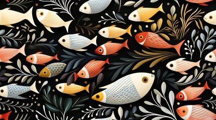  a painting of many different colored fish on a black background.  generative ai