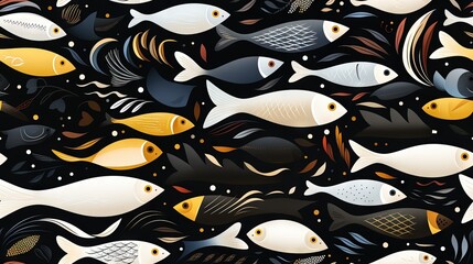  a large group of fish swimming in the ocean on a black background.  generative ai