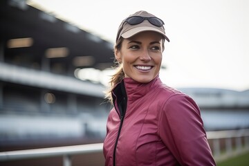 Portrait of smiling female jogger standing on track at racetrack