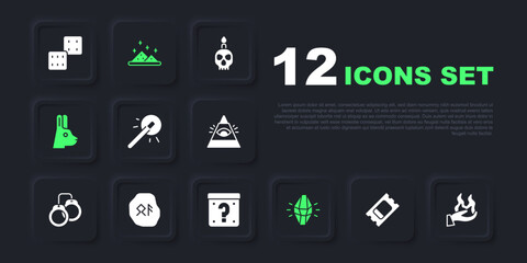 Set Circus ticket, Hand holding fire, Magic wand, stone, Rabbit with ears, runes, powder and Mystery box icon. Vector
