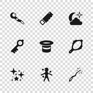 Set Voodoo doll, Magic hand mirror, wand, hat, Moon stars, staff, Hand saw and Old magic key icon. Vector