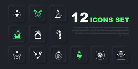 Set Snowflake, Envelope, Merry Christmas house, toy, santa claus sleigh, Reindeer, and ball icon. Vector
