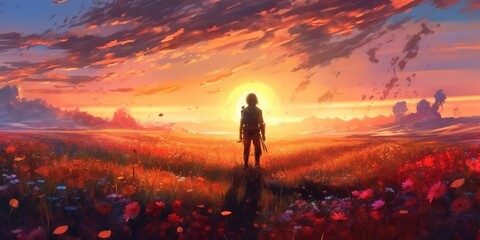 Fototapeta premium A cool fantasy anime man standing in a big fairytale field and watching the sunset, generative ai technology