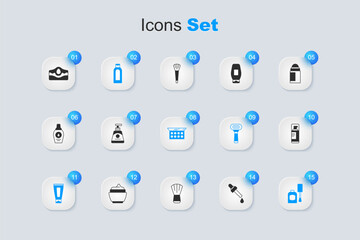 Set Pipette with oil, Cream or lotion cosmetic tube, Bottle of shampoo, nail polish, Shaving gel foam, Acne and Makeup powder mirror icon. Vector