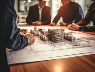 Architect working on blueprint at office desk with building model. Construction concept.