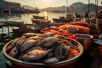 Fresh fish for sale at the floating market or Fish Market. in Thailand, Asia. - obrazy, fototapety, plakaty
