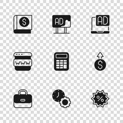 Set Time management, Financial growth dollar, Discount percent tag, Calculator, Advertising, book, and Browser window icon. Vector