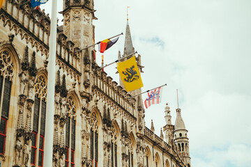 Fototapeta na wymiar Bruges city hall facade detail in the historical centre, Belgium. 