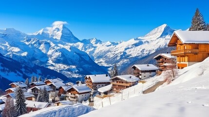 Switzerland nature and travel. Alpine scenery. Scenic traditional mountain village Murren surrounded by snow peaks of Alps. Popular tourist destination and ski resort - obrazy, fototapety, plakaty