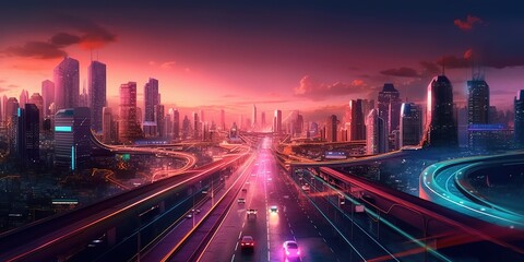 Fototapeta premium A highway illustration of a scfi future city, anime manga style, generative ai technology