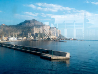 Palermo, il monte Pellegrino con i reflessi dell'interno del traghetto da cui è stata scattata la foto.