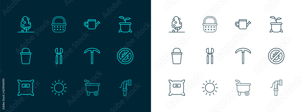 Sticker Set line Plant in pot, Sun, Pickaxe, Wheelbarrow, Gardening scissors, Watering can, Fruit tree and Wicker basket icon. Vector