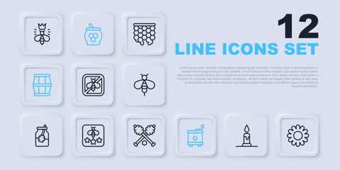 Set line Burning candle, Flower, Stop bee, Honey extractor, Wooden barrel with honey, Type of, Jar dipper stick and icon. Vector