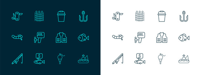 Set line Fishing hook, Price tag for fish, jacket, float, Outboard boat motor, bucket, Swiss army knife and net pattern icon. Vector