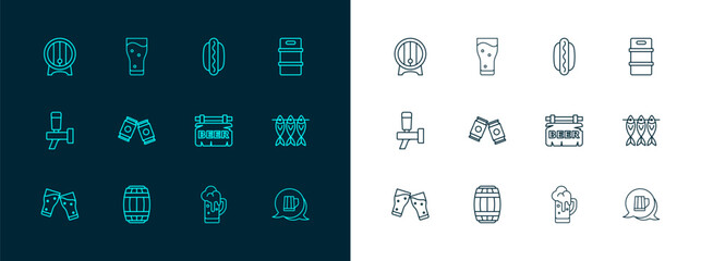 Set line Metal beer keg, Wooden barrel, Street signboard with Beer, Glass of, can, Hotdog sandwich, on rack and icon. Vector