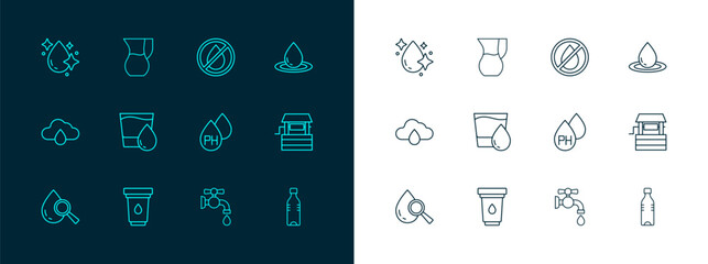 Set line Water drop, filter cartridge, tap, Glass with water, forbidden, and Jug glass icon. Vector