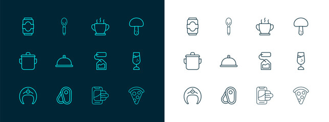 Set line Mushroom, Steak meat, Tea bag, Food ordering on mobile, Covered with tray of food, Bowl hot soup, Soda can and Spoon icon. Vector