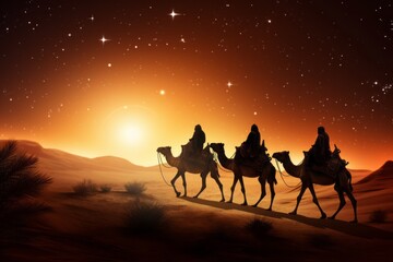 journey of three kings and camels through desert, guided by star, Generative AI