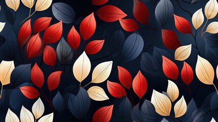  a black background with red, yellow and white leaves on it.  generative ai