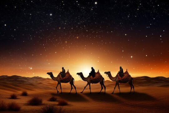 journey of three kings and camels through desert, guided by star, Generative AI