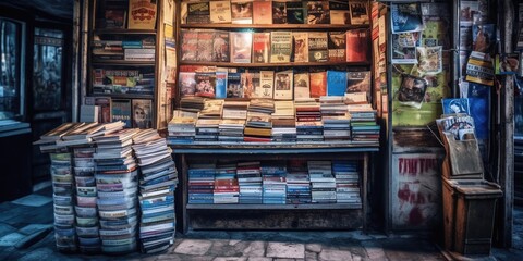 A newsstand with newspapers and magazines.