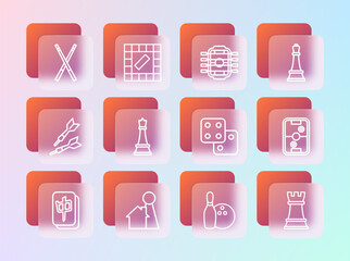 Set line Chess, Chip for board game, Game dice, Bowling pin and ball, Table football, Crossed billiard cues and Board icon. Vector